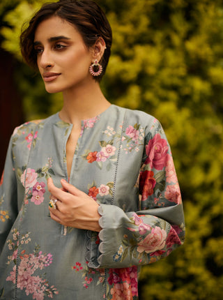 Powder blue floral kurta with pants