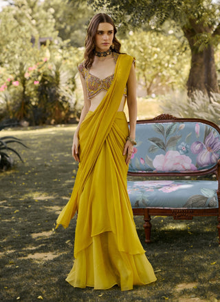 Yellow draped sari set