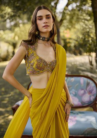 Yellow draped sari set