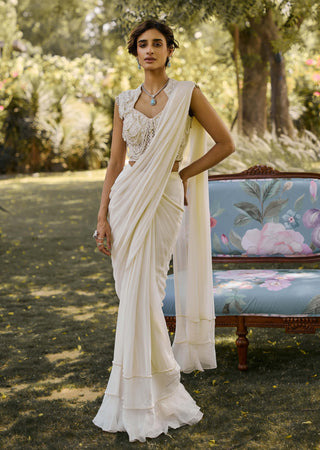 Ivory pearl pre-draped sari