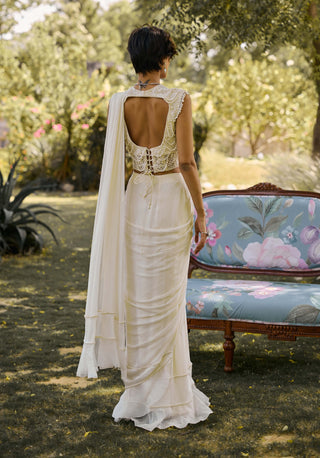 Ivory pearl pre-draped sari