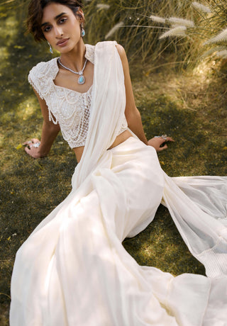 Ivory pearl pre-draped sari