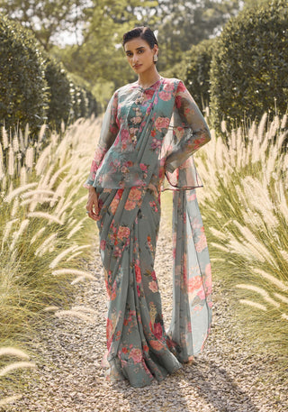 Willow sage green sari with jacket set