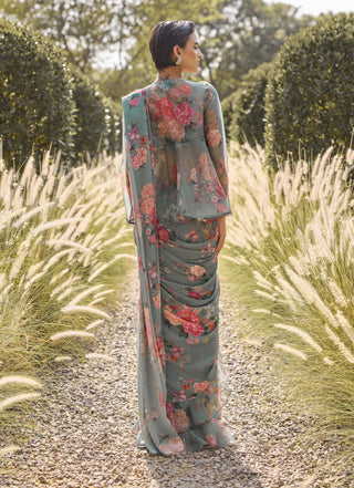 Willow sage green sari with jacket set