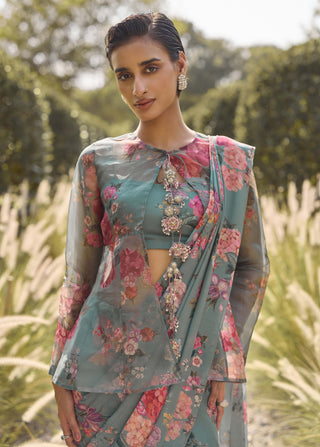 Willow sage green sari with jacket set