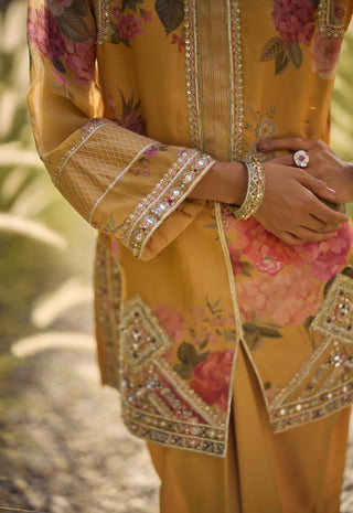 Primrose yellow kurta & draped skirt set