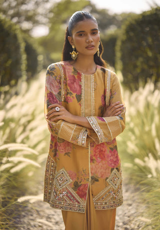 Primrose yellow kurta & draped skirt set
