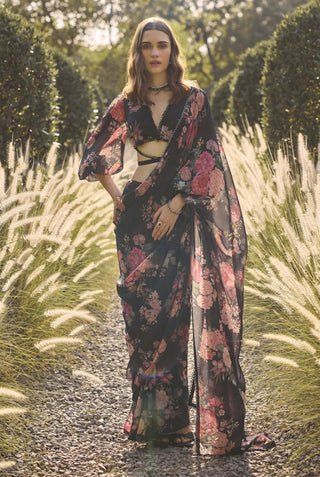 Arabella black printed sari set