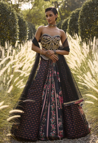 Midnight black raw silk lehenga set