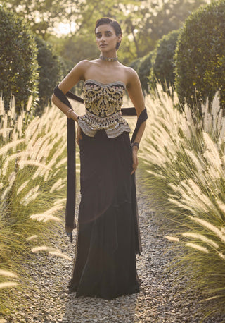 Saga black draped sari set