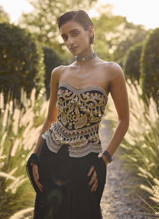 Saga black draped sari set
