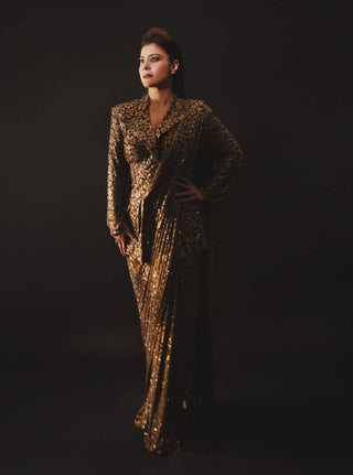 Brown fierce feline concept sari and blazer set