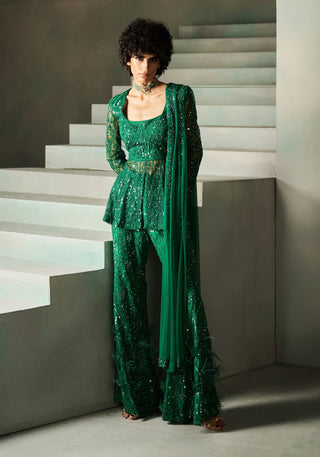 June emerald green embellished peplum pant set