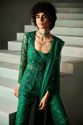 June emerald green embellished peplum pant set