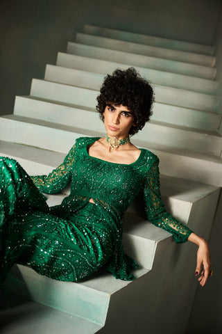 June emerald green embellished peplum pant set