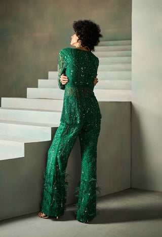 June emerald green embellished peplum pant set
