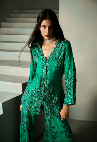 Noah emerald green embellished jacket garara set