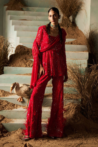 Inaya red embellished peplum pant set