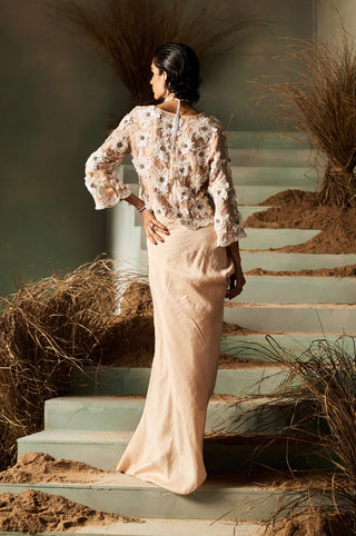 Rose nude beige embellished draped skirt set