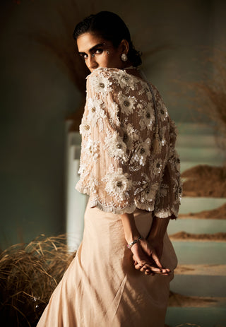 Rose nude beige embellished draped skirt set
