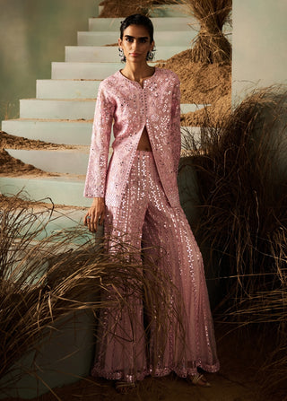 Celeste pink mirror embellished jacket sharara set