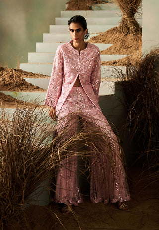 Celeste pink mirror embellished jacket sharara set