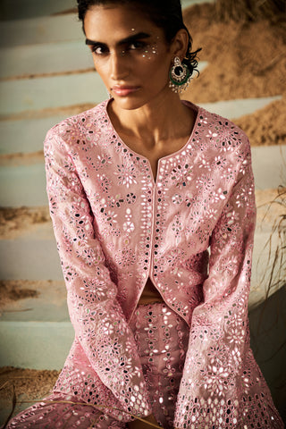 Celeste pink mirror embellished jacket sharara set