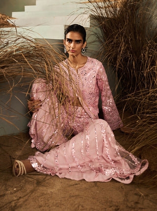 Celeste pink mirror embellished jacket sharara set