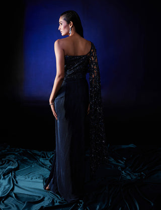 Roqa-Blue Embroidered Sari Gown-INDIASPOPUP.COM