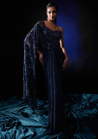 Roqa-Blue Embroidered Sari Gown-INDIASPOPUP.COM