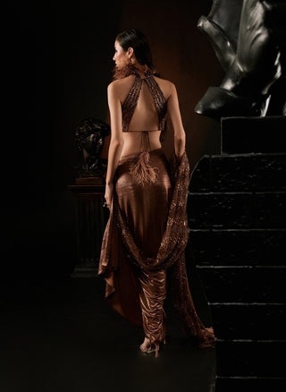 Roqa-Coffee Brown Pre-Stitched Sari Set-INDIASPOPUP.COM