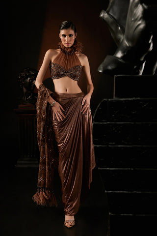 Roqa-Coffee Brown Pre-Stitched Sari Set-INDIASPOPUP.COM