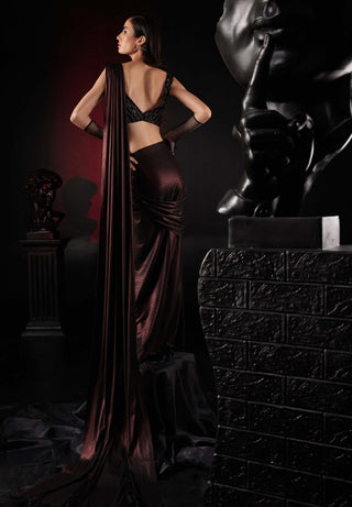 Roqa-Copper Black Draped Sari And Blouse-INDIASPOPUP.COM
