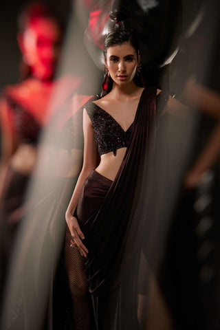 Roqa-Copper Black Draped Sari And Blouse-INDIASPOPUP.COM