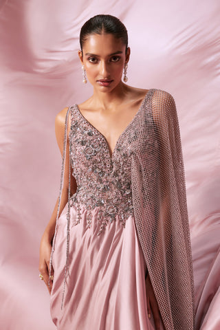 Roqa-Soft Pink Embroidered Sari Gown-INDIASPOPUP.COM