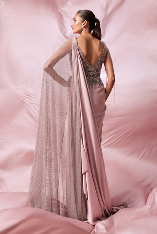 Roqa-Soft Pink Embroidered Sari Gown-INDIASPOPUP.COM