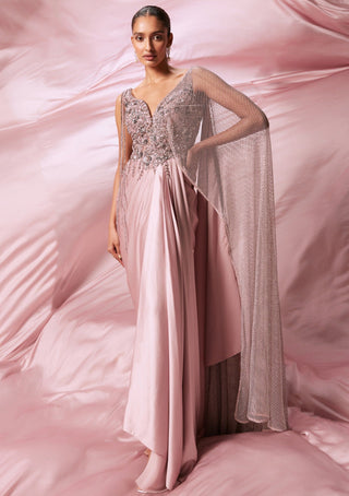 Roqa-Soft Pink Embroidered Sari Gown-INDIASPOPUP.COM