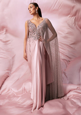 Roqa-Soft Pink Embroidered Sari Gown-INDIASPOPUP.COM