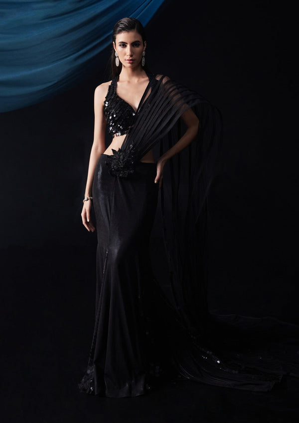 Grey Embellished Mermaid Skirt Saree Set main image 0