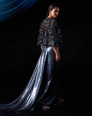 Roqa-Metallic Blue Corset Gown And Cape-INDIASPOPUP.COM