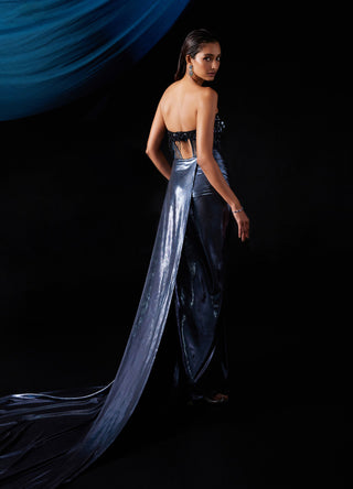 Roqa-Metallic Blue Corset Gown And Cape-INDIASPOPUP.COM