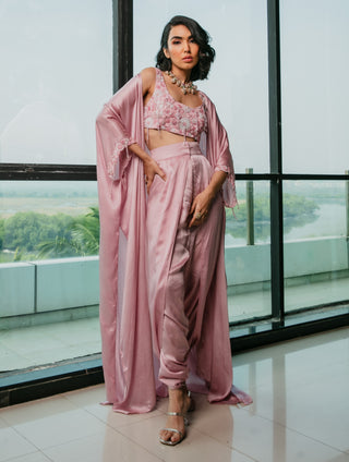 Pink embroidered blouse, dhoti and cape