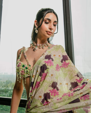 Lime green draped ruffle sari and blouse