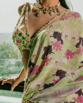 Lime green draped ruffle sari and blouse