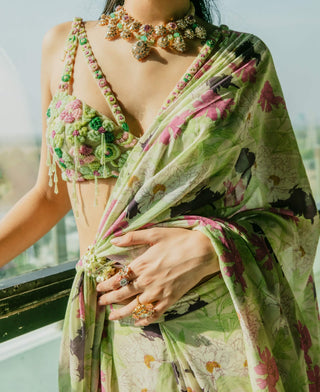 Lime green draped ruffle sari and blouse