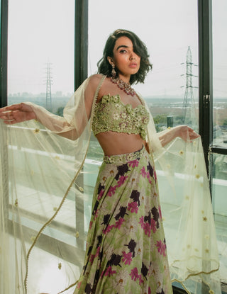 Lime green printed lehenga set