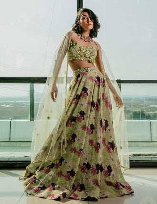 Lime green printed lehenga set