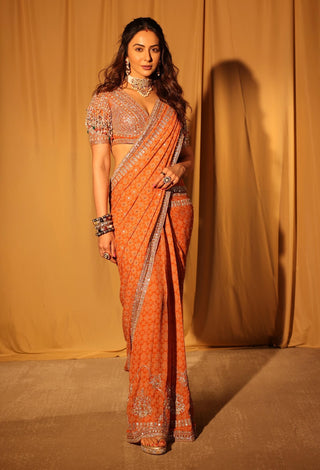 Orange printed georgette sari set