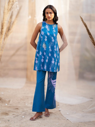 Deep blue leaf printed tunic and pants