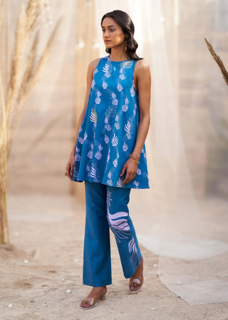 Deep blue leaf printed tunic and pants